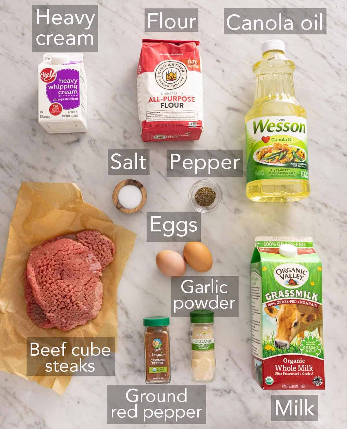 Ingredients needed to make chicken fried steak.