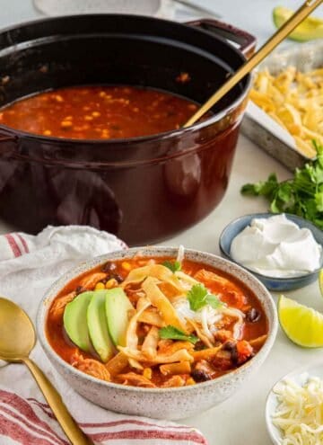A bowl of chicken tortilla soup in front of a dutch oven with more soup.