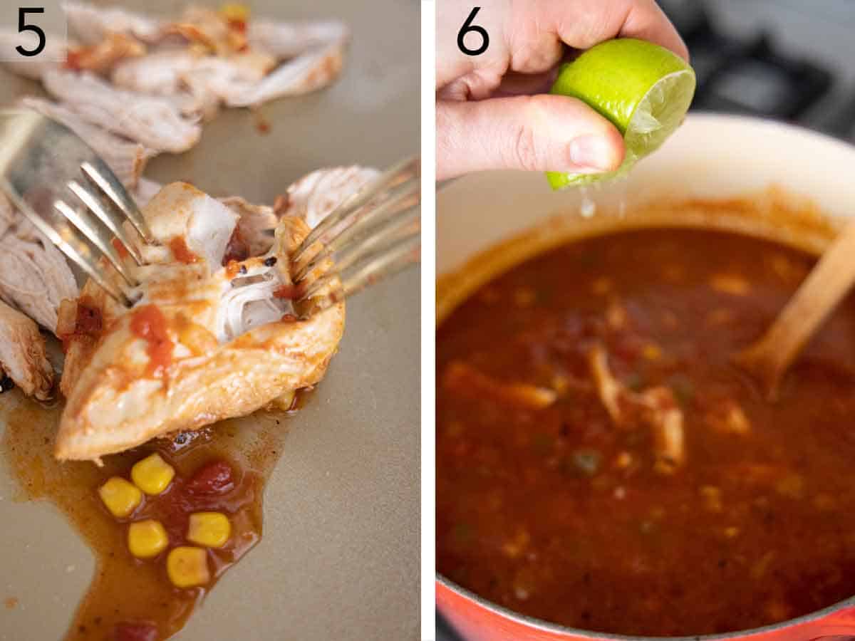 Set of two photos showing chicken shredded and lime juiced.