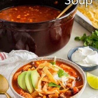 Pinterest graphic of a bowl of chicken tortilla soup in front of a pot with toppings around.