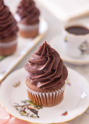 A cupcake with chocolate buttercream frosting piped on top.