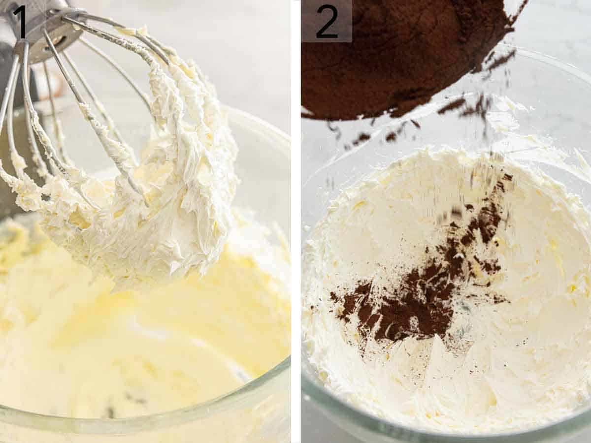 Set of two photos showing butter whipped and cocoa powder added.