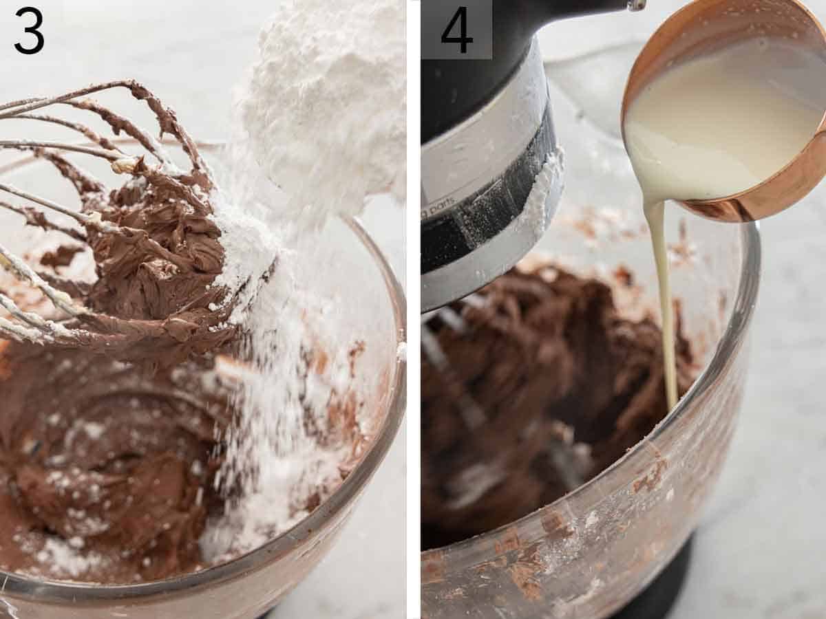 Set of two photos showing powdered sugar and heavy cream added to the mixer.