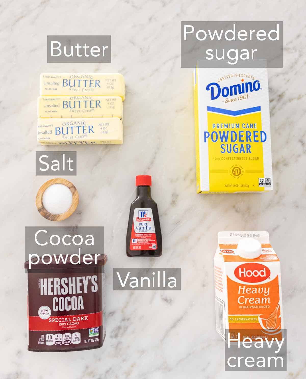 Ingredients needed to make chocolate buttercream frosting.