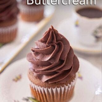 Pinterest graphic of a cupcake on a plate with chocolate buttercream frosting on top.