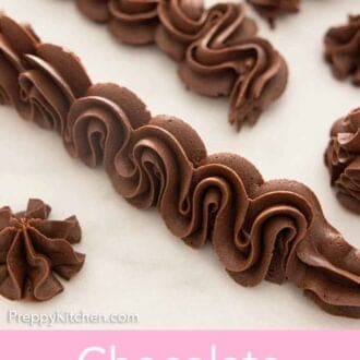 Pinterest graphic of chocolate buttercream frosting piped in various styles on a flat surface.