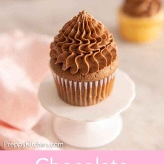 Pinterest graphic of a cupcake on a mini cake stand with chocolate buttercream frosting on top.