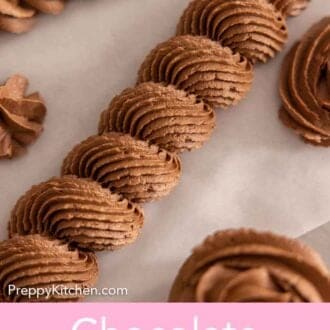 Pinterest graphic of chocolate buttercream frosting piped on a flat surface, using various piping tips.