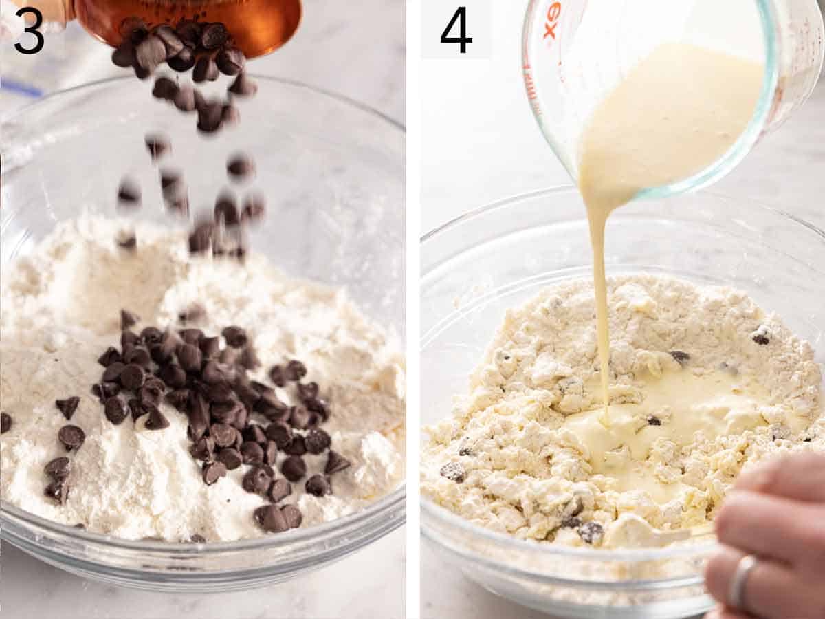 Set of two photos showing chocolate chips and cream added to the dough.