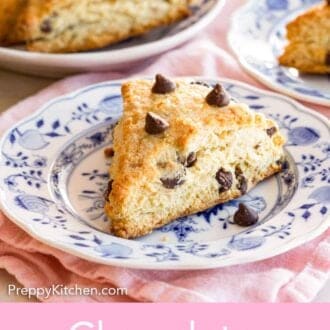 Pinterest graphic of a plate with a chocolate chip scone with more in a platter behind it.