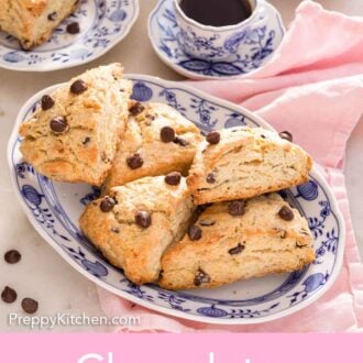 Pinterest graphic of a spread with a platter and plates of chocolate chip scones and coffee.