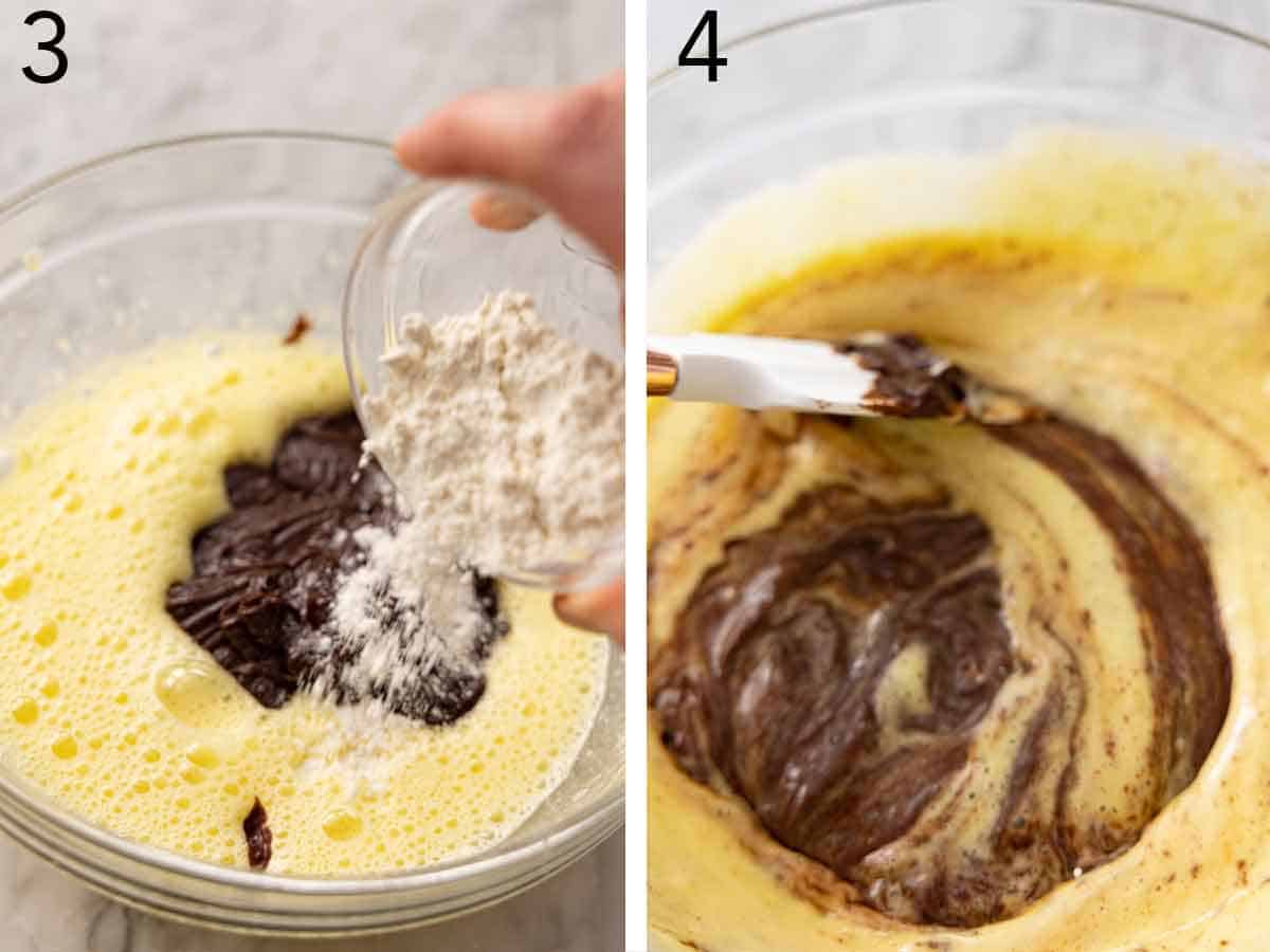 Set of two photos showing flour added to batter and mixed.