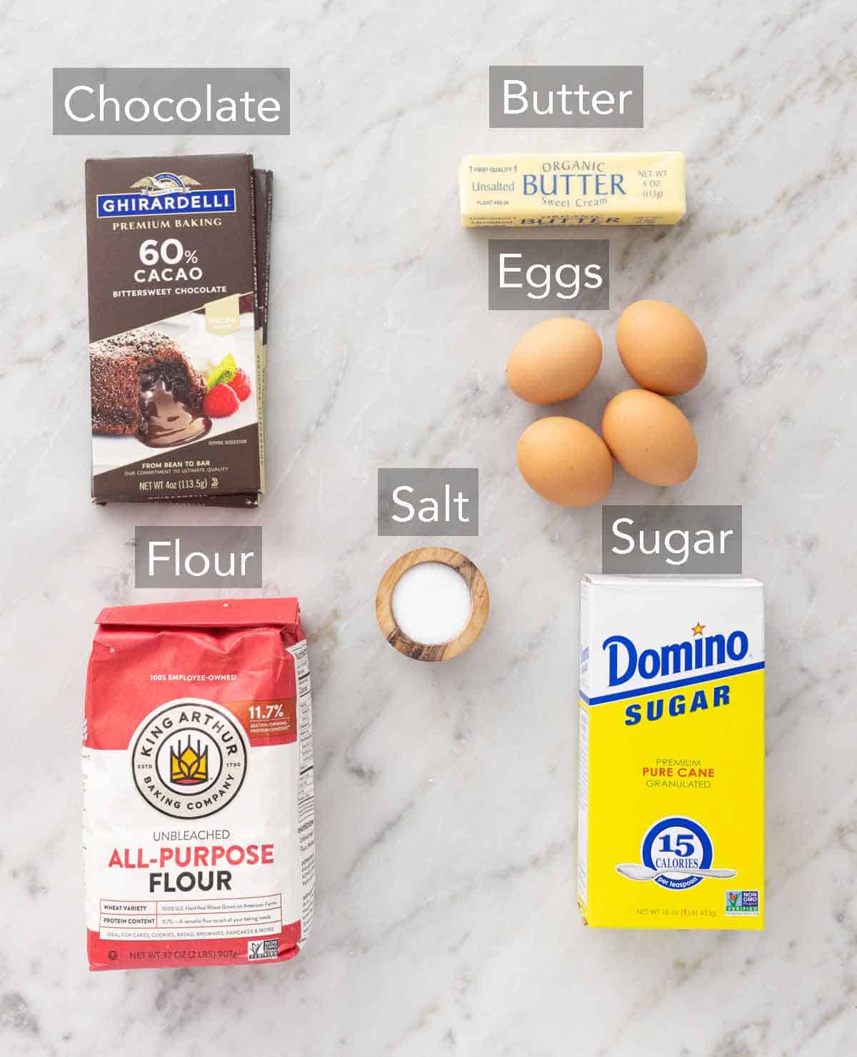 Ingredients needed to make chocolate lava cake.