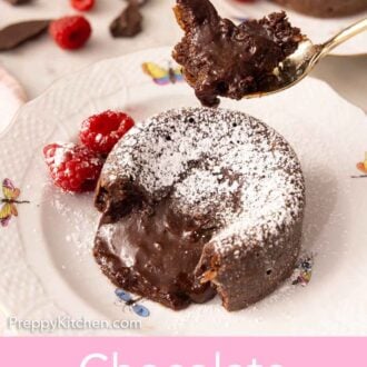 Pinterest graphic of a spoonful of chocolate lava cake lifted from the plate with the cake.