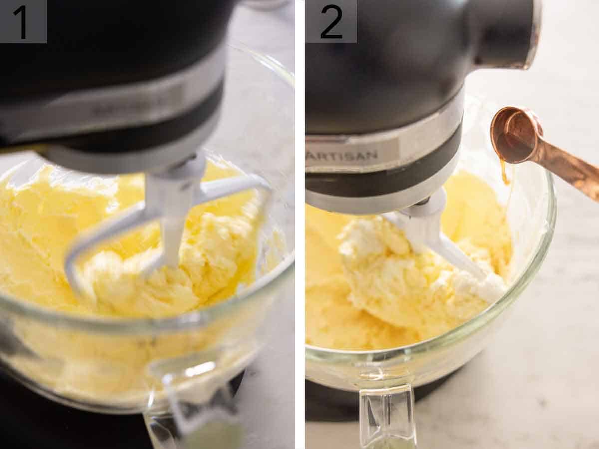 Set of two photos showing butter creamed and vanilla extract added.