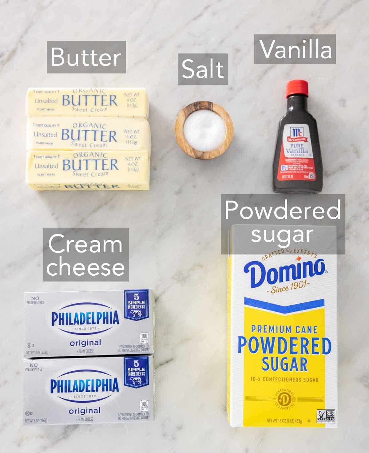 Ingredients needed to make cream cheese frosting.