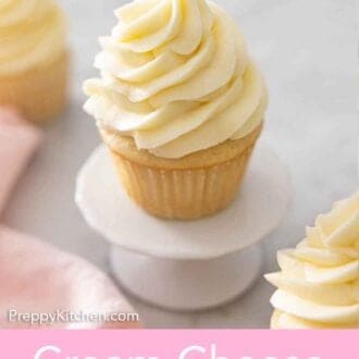 Pinterest graphic of a cupcake on a mini cake stand with cream cheese frosting.