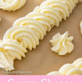 Pinterest graphic of cream cheese frosting piped in a variety of ways on parchment.