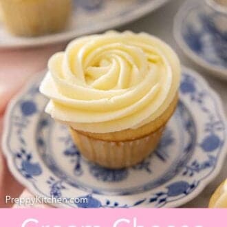 Pinterest graphic of a cupcake with cream cheese frosting on top.
