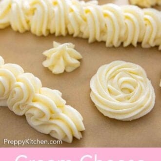 Pinterest graphic of cream cheese frosting piped in different styles on a parchment lined surface.