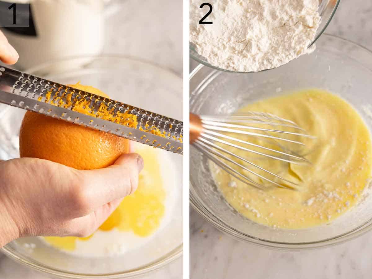 Set of two photos showing an orange zested and flour whisked into wet ingredients.
