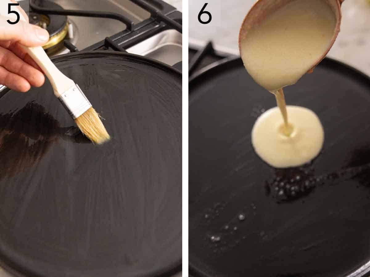 Set of two photos showing a crepe pan brushed and batter added.