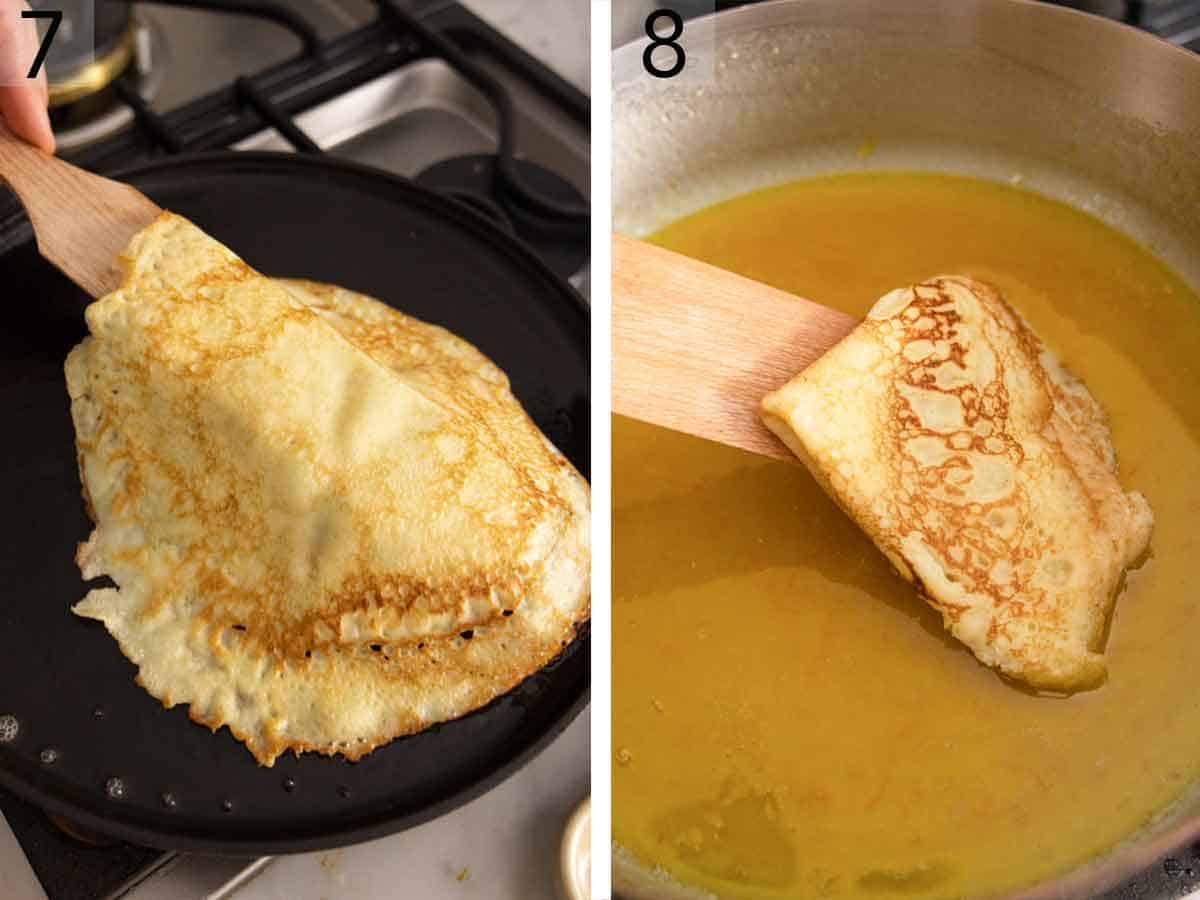 Set of two photos showing crepe cooked and transferred to the pan of sauce.