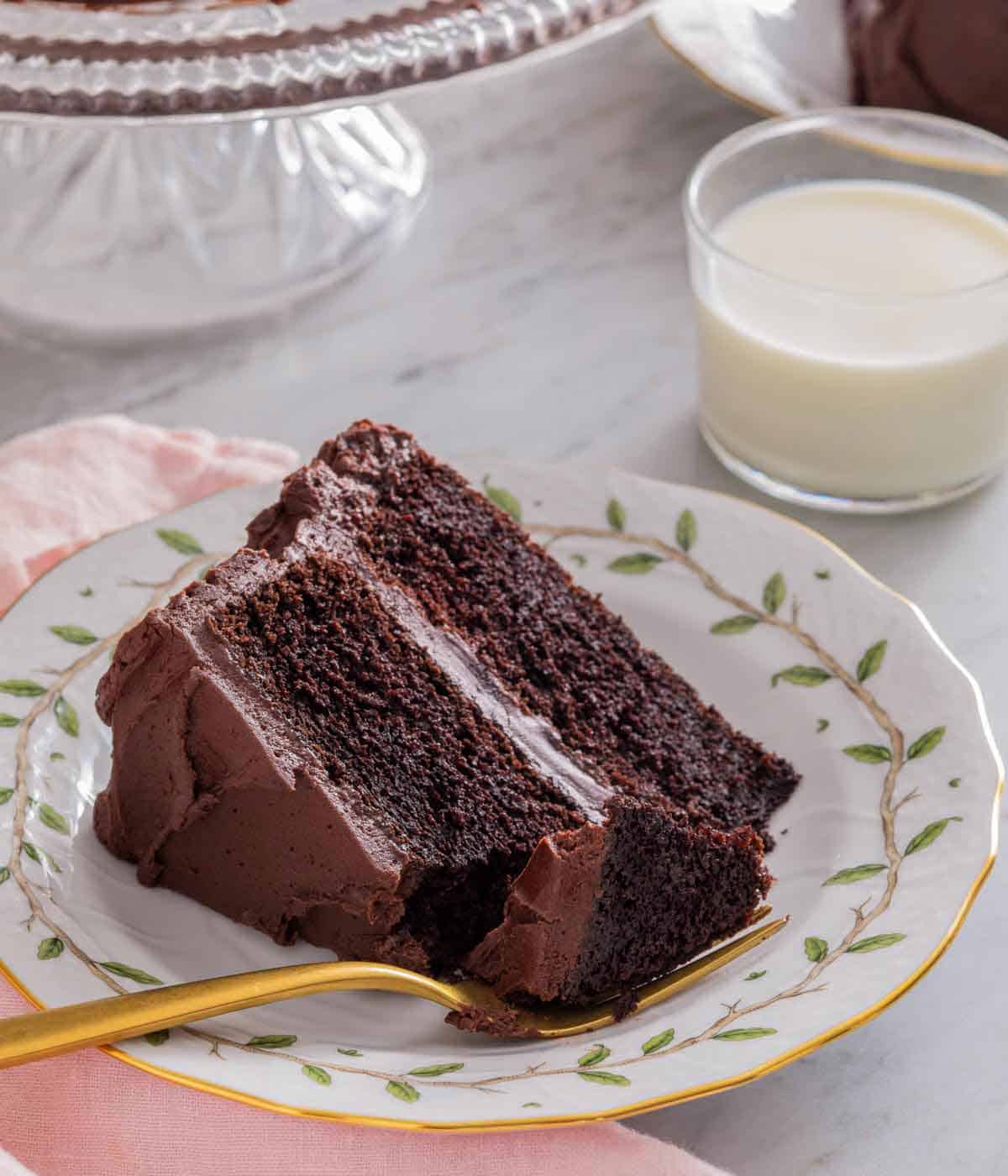 A plate with a slice of devil’s food cake with a fork in it.