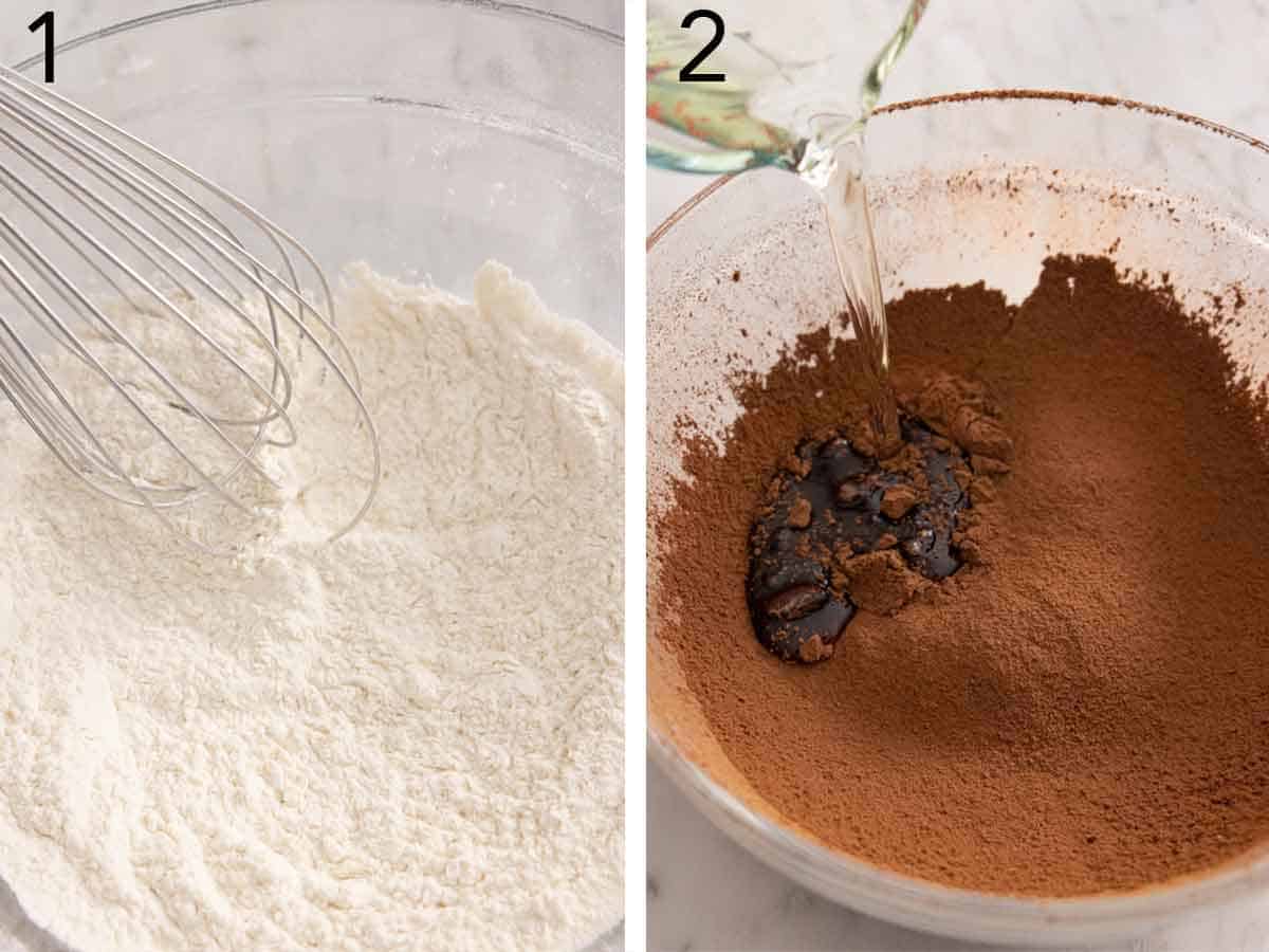 Set of two photos showing dry ingredients whisked and oil added to cocoa powder.