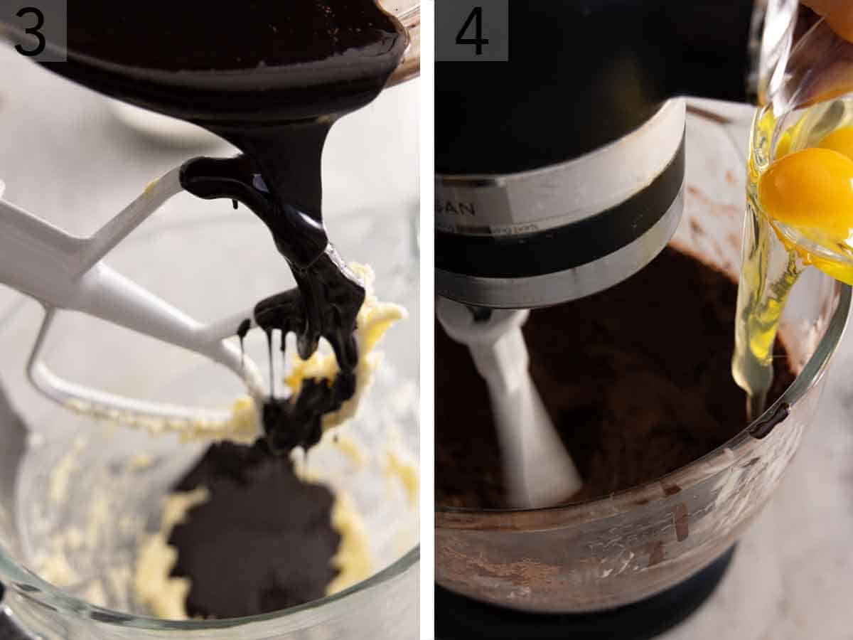Set of two photos showing mixed cocoa and then eggs added to creamed butter.