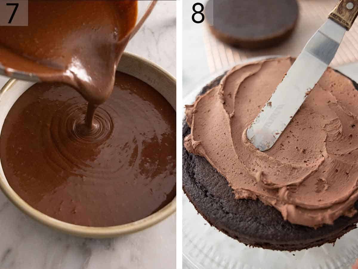 Set of two photos showing batter added to a pan and frosted spread onto a baked cake.
