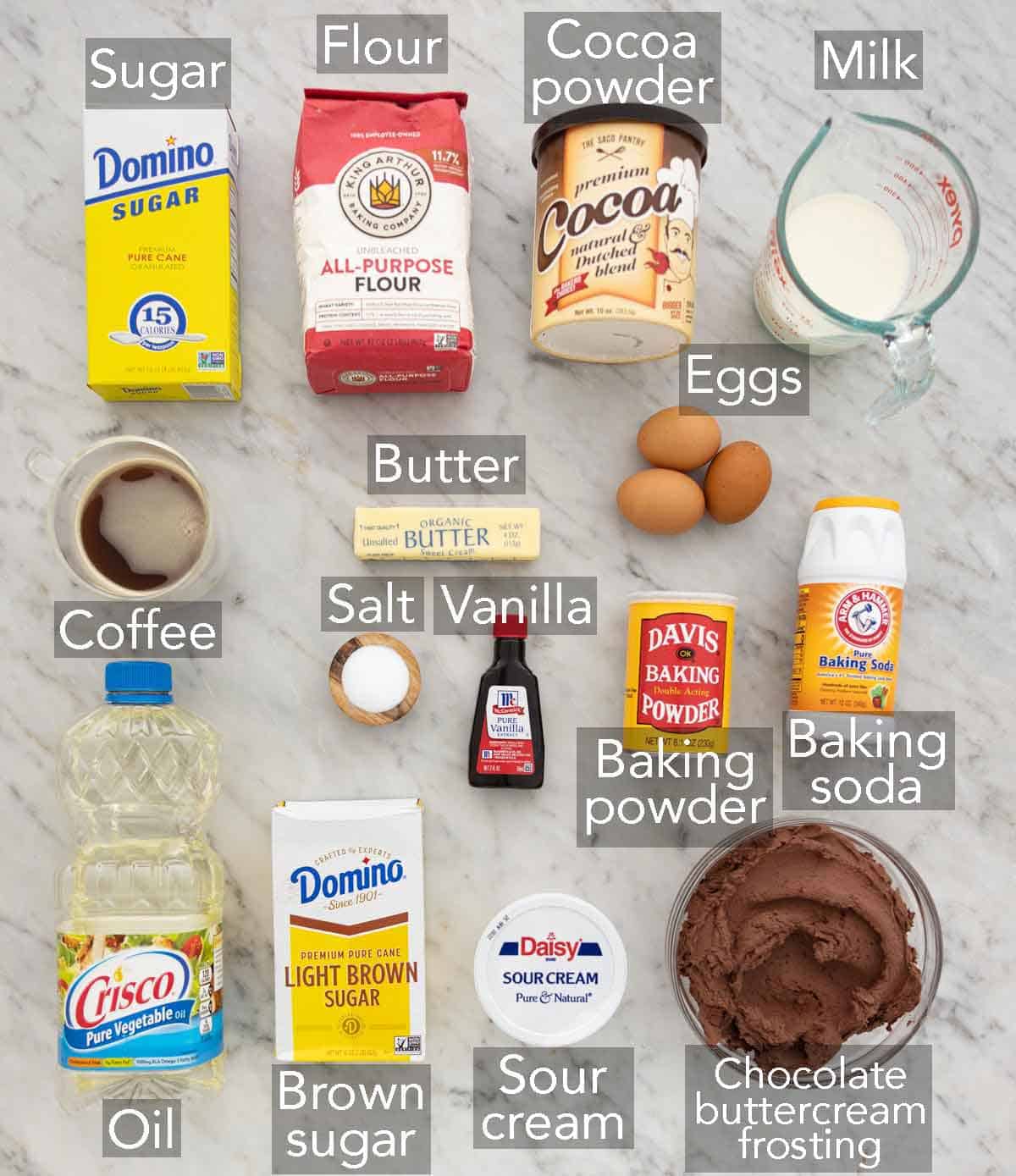Ingredients needed to make devil’s food cake.
