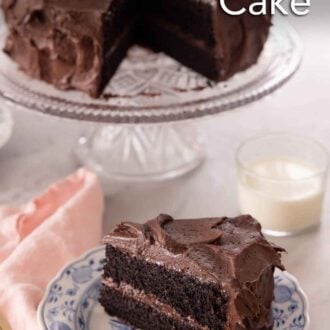Pinterest graphic of a slice of devil's food cake in front of a cake stand with the rest of the cake.