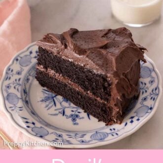 Pinterest graphic of a plate with a slice of devil's food cake.