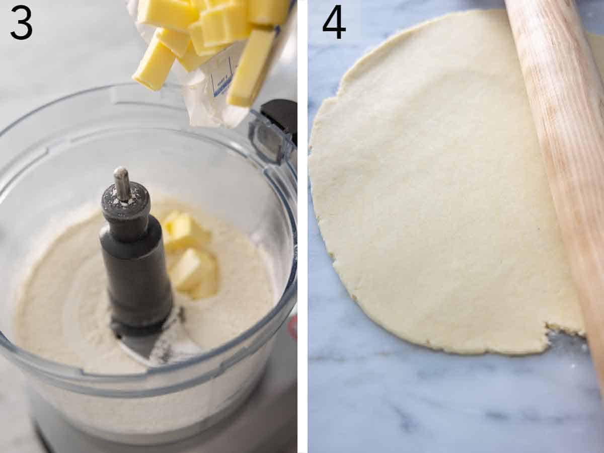 Set of two photos showing butter added to a food processor and dough rolled out.