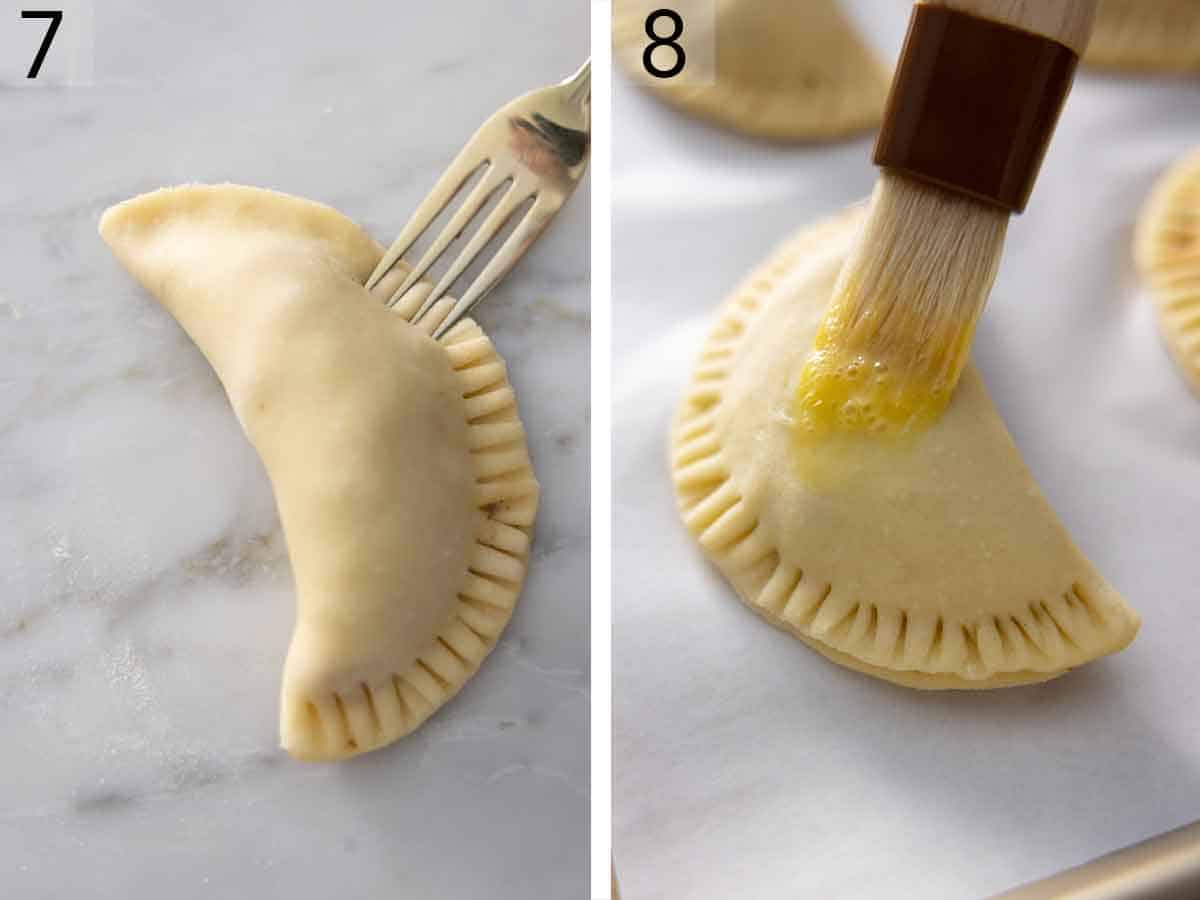 Set of two photos showing a fork sealing the edge of the pastry then brushed.