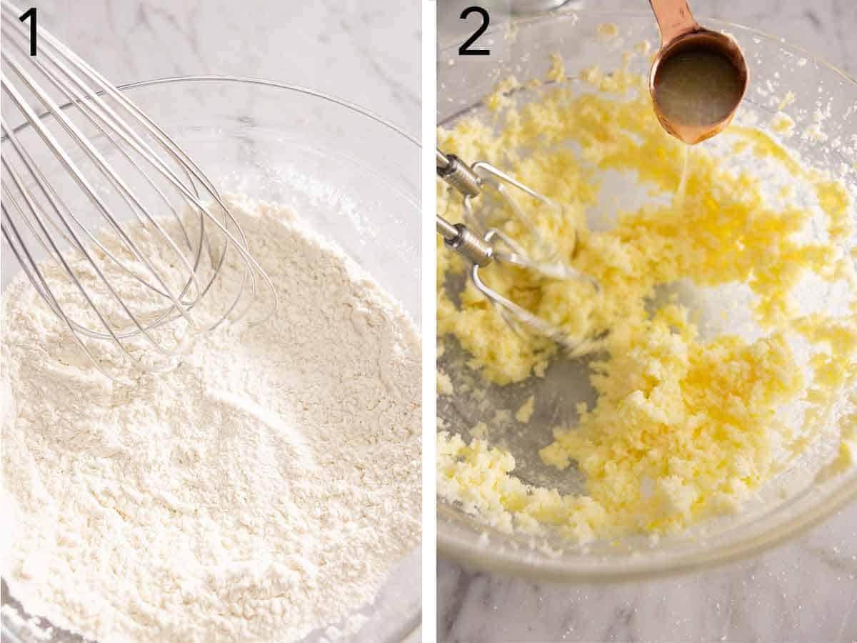 Set of two photos showing dry ingredients whisked and lemon juice added to creamed butter.