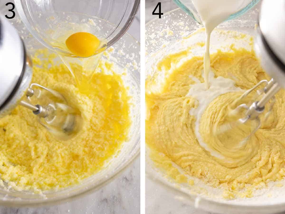 Set of two photos showing egg and milk added to the batter.