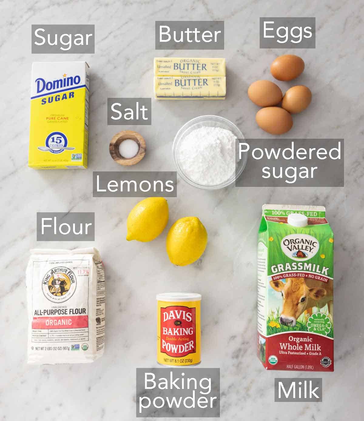 Ingredients needed to make lemon pound cake.