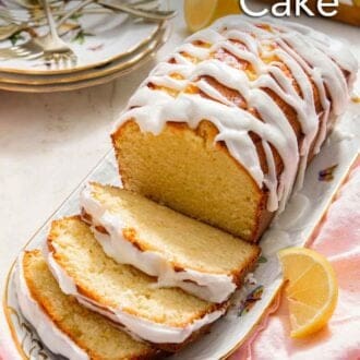 Pinterest graphic of a platter with a loaf of lemon pound cake with slices cut.
