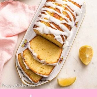 Pinterest graphic of an overhead view of a lemon pound cake with half of the loaf sliced.