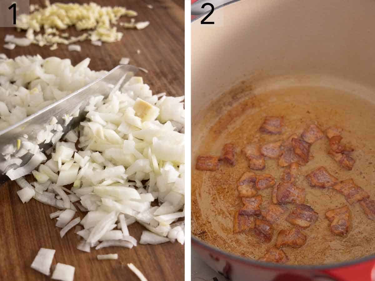 Set of two photos showing onions diced and bacon cooked in a pot.