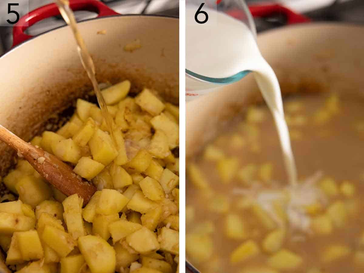 Set of two photos showing broth and then milk added to the pot.