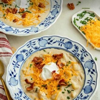 Pinterest graphic of two bowls of potato soup with assorted toppings.