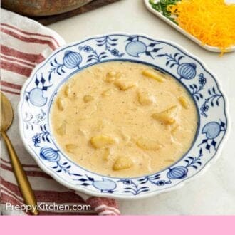 Pinterest graphic of a bowl of potato soup with toppings on the side.