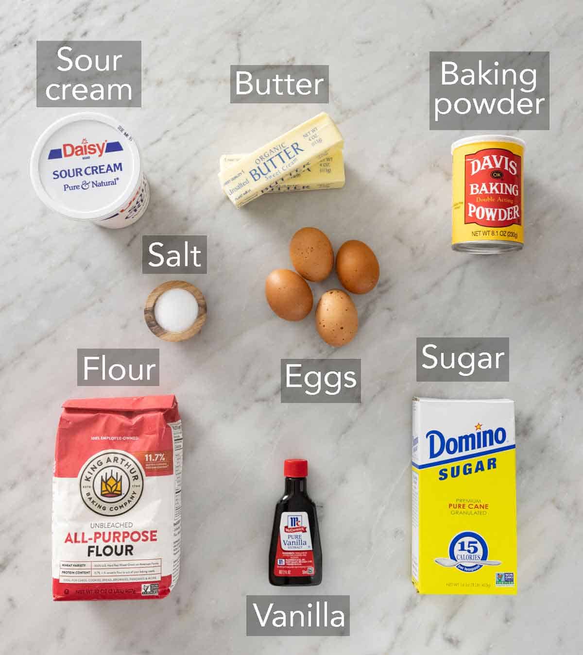Ingredients needed to make pound cake.