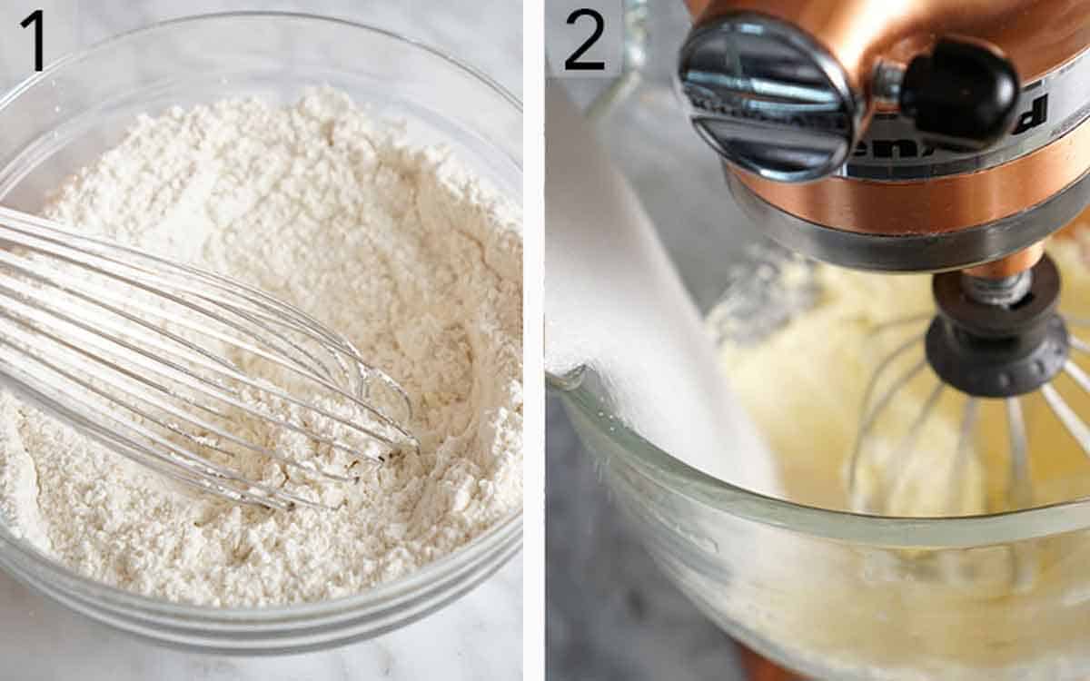 Set of two photos showing dry ingredients whisked and added to creamed butter.