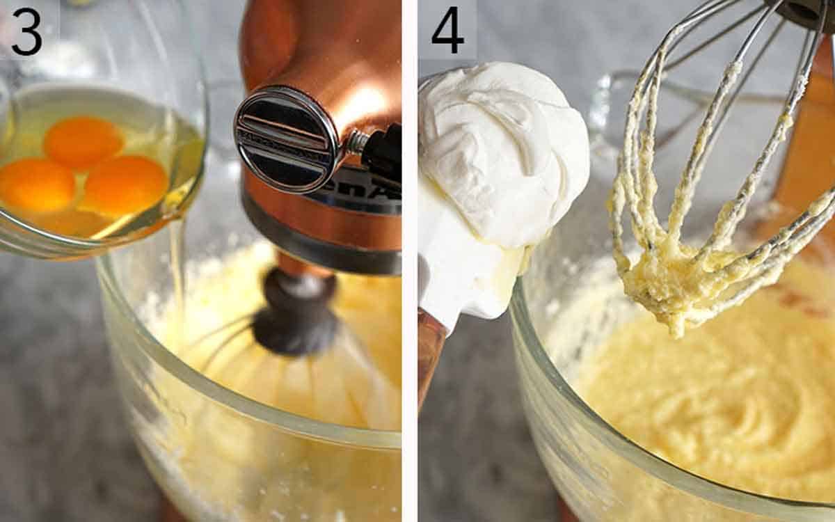 Set of two photos showing egg and sour cream added to the mixer.
