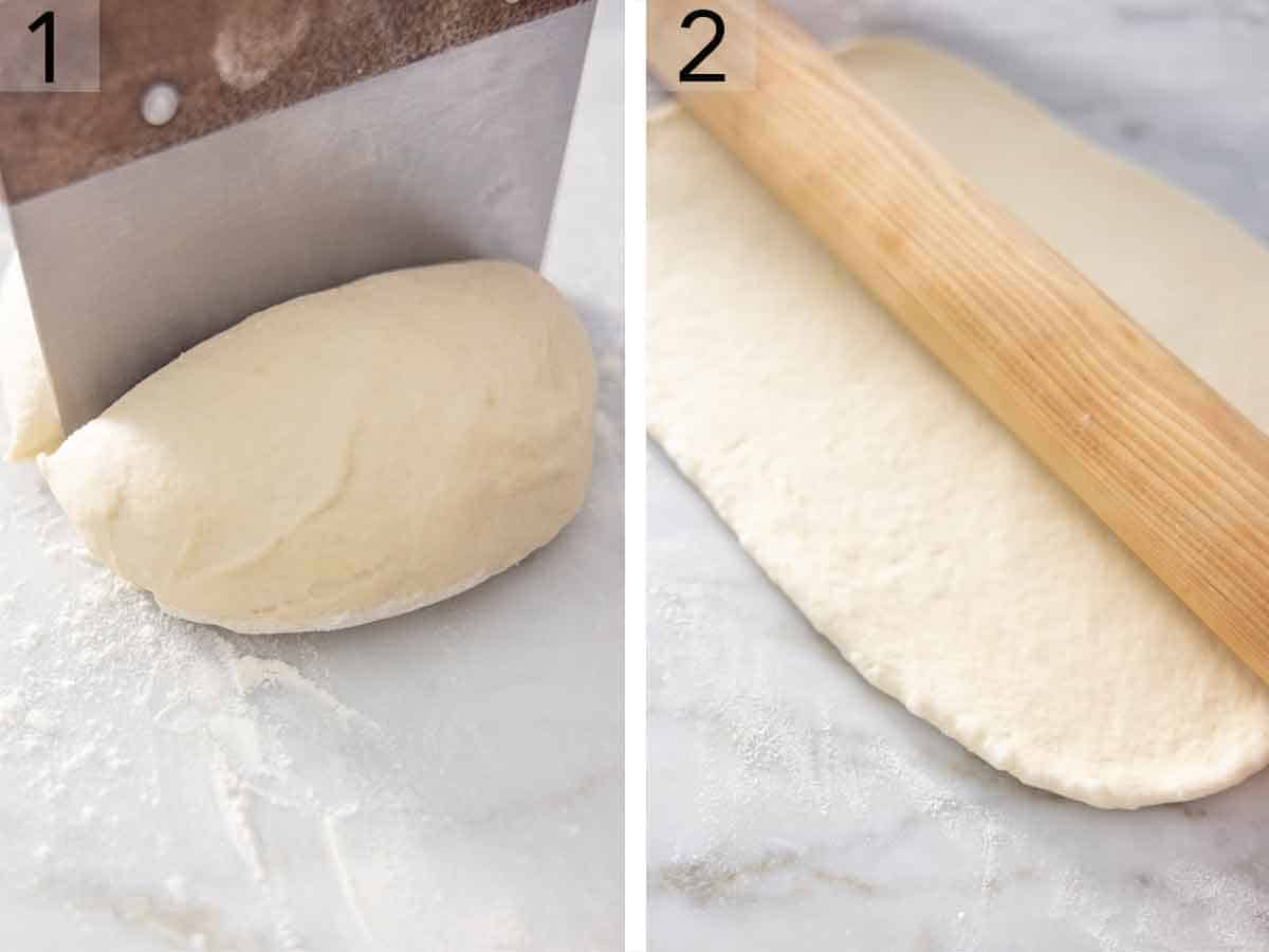 Set of two photos showing dough cut and rolled.