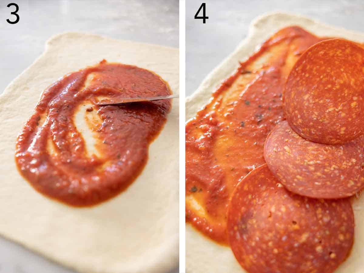 Set of two photos showing pizza sauce and pepperoni added to rolled dough.